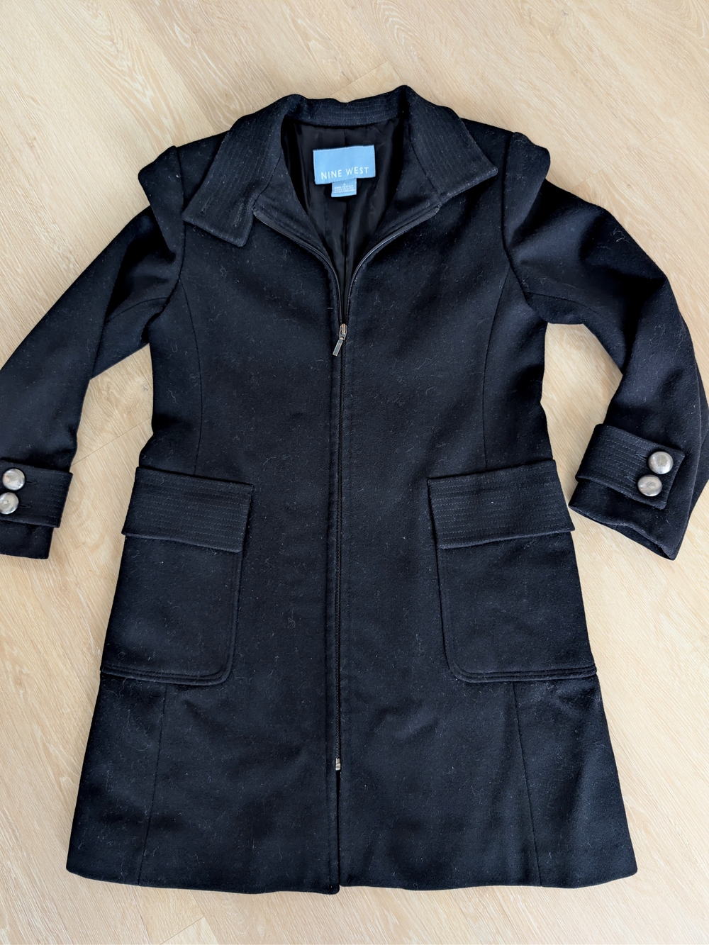 NINE WEST Black Wool Zipper Coat Jacket Silver Cuff Button Classic Woman's 4